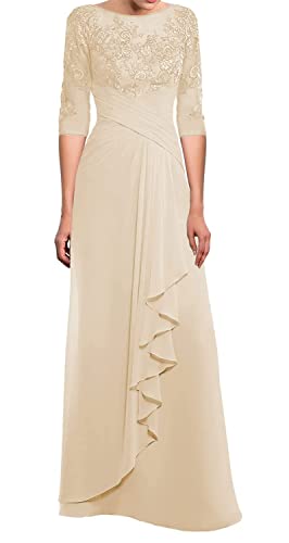 TANPAUL Lang Spitzen Chiffon Brautmutterkleid Halbarm Elegant Abendkleid Gast Kleid Champagner 44 von TANPAUL