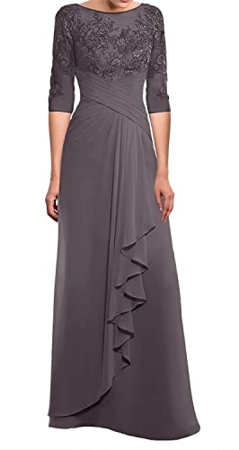 TANPAUL Lang Spitzen Chiffon Brautmutterkleid Halbarm Elegant Abendkleid Gast Kleid Grau 42 von TANPAUL