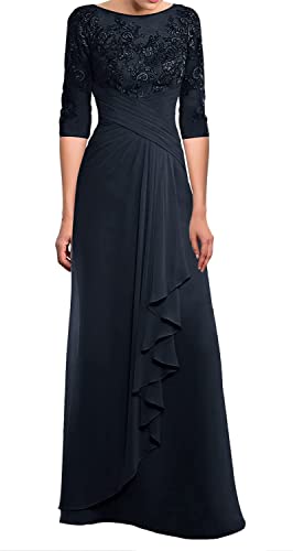 TANPAUL Lang Spitzen Chiffon Brautmutterkleid Halbarm Elegant Abendkleid Gast Kleid Navy 44 von TANPAUL