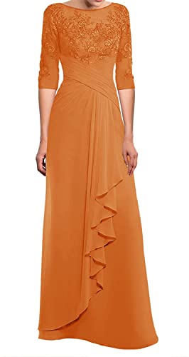 TANPAUL Lang Spitzen Chiffon Brautmutterkleid Halbarm Elegant Abendkleid Gast Kleid Orange 42 von TANPAUL