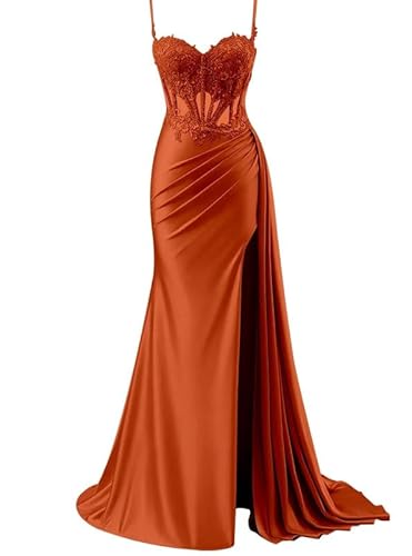 TANPAUL Meerjungfrau Satin Abendkleid Damen Lang - Spaghetti-Träger Brautjungfernkleider Spitze Ballkleid mit Schlitz von TANPAUL