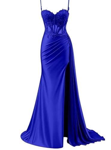 TANPAUL Meerjungfrau Satin Abendkleid Damen Lang - Spaghetti-Träger Brautjungfernkleider Spitze Ballkleid mit Schlitz von TANPAUL