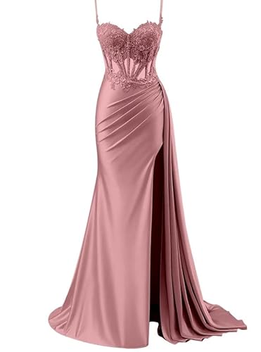 TANPAUL Meerjungfrau Satin Abendkleid Damen Lang - Spaghetti-Träger Brautjungfernkleider Spitze Ballkleid mit Schlitz TANPAUL Meerjungfrau Satin Abendkleid Damen Lang - Spaghetti-Träger Brautjungfernkleider Spitze Ballkleid mit Schlitz von TANPAUL