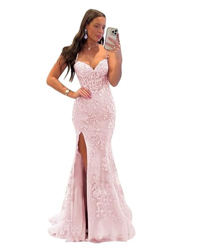 TANPAUL Meerjungfrau Spitze Abendkleider Damen Glitzer Tüll Ballkleider mit Schlitz Spaghettiträger Abendkleide Errötendes Rosa 32 von TANPAUL
