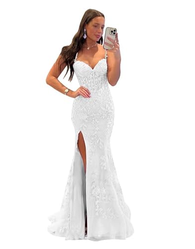 TANPAUL Meerjungfrau Spitze Abendkleider Damen Glitzer Tüll Ballkleider mit Schlitz Spaghettiträger Abendkleide weiß 38 von TANPAUL