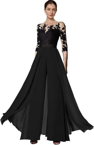 TANPAUL Hosenanzug Damen Festlich Elegant - Chiffon Spitze 3/4 Ärmel Hochzeit Jumpsuits Mutter der Braut Hosenanzüge Schwarz 38 von TANPAUL