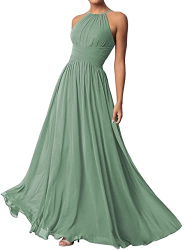 TANPAUL Neckholder Chiffon Brautjungfernkleid Lang Ärmellose Abendkleid Hochzeit Grasgrün 52 von TANPAUL