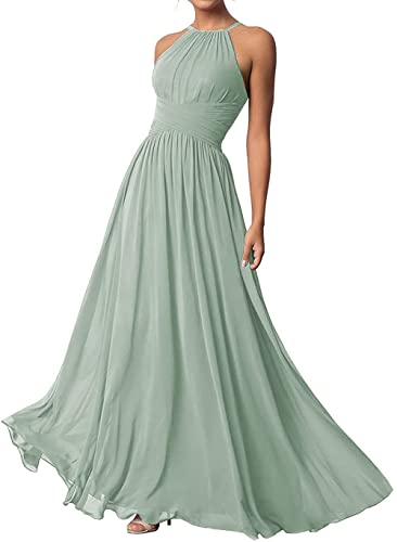 TANPAUL Neckholder Chiffon Brautjungfernkleid Lang Ärmellose Abendkleid Hochzeit Hellgrün 32 von TANPAUL