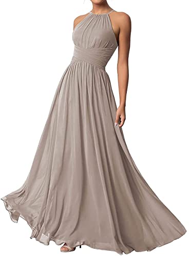 TANPAUL Neckholder Chiffon Brautjungfernkleid Lang Ärmellose Abendkleid Hochzeit Taupe 38 von TANPAUL