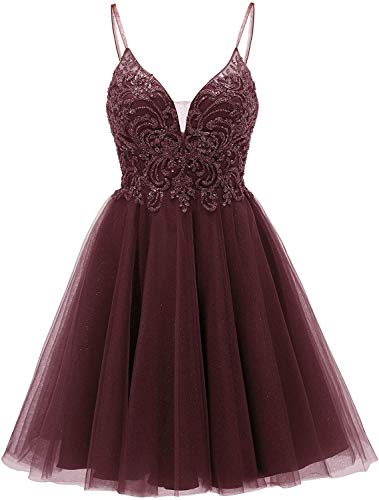 TANPAUL Partykleider Spitze Ärmellos Kurz Tüll Hochzeitskleid A-Linie Promkleid Festkleider V-Ausschnitt Burgundy 42 von TANPAUL