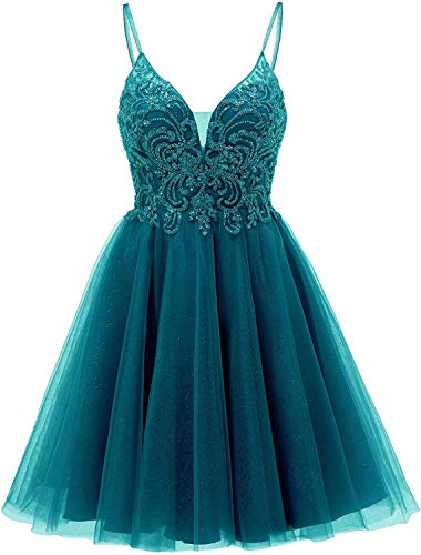 TANPAUL Partykleider Spitze Ärmellos Kurz Tüll Hochzeitskleid A-Linie Promkleid Festkleider V-Ausschnitt Pfau 42 von TANPAUL