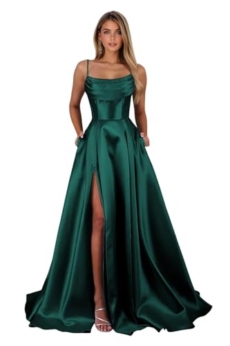 TANPAUL Perlen Ballkleider Damen Lang - Spaghettiträger Satin Abendkleid Cowl Neck Brautjungfernkleider mit Taschen von TANPAUL