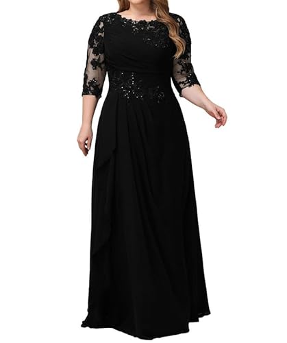 TANPAUL Rundhalsausschnitt Brautmutterkleider Spitze Applikationen Chiffon Abendkleid Schwarz 48 von TANPAUL