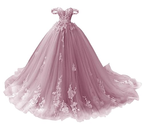 TANPAUL Schulterfrei Abendkleid Spitze Tüll Prinzessin Herzausschnitt Partykleider Blush 32 von TANPAUL