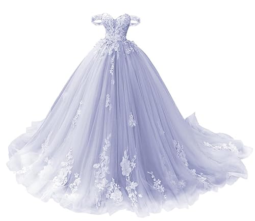 TANPAUL Schulterfrei Abendkleid Spitze Tüll Prinzessin Herzausschnitt Partykleider Lavendel 32 von TANPAUL