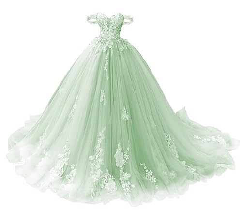 TANPAUL Schulterfrei Abendkleid Spitze Tüll Prinzessin Herzausschnitt Partykleider Salbei 40 von TANPAUL