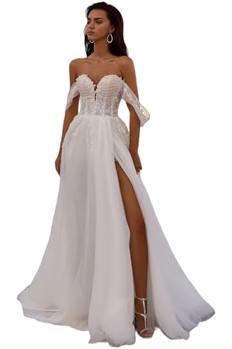 TANPAUL Schulterfrei Brautkleider Florale Spitze Chiffon Hochzeitskleider Boho Beach Standesamt Brautkleid mit Schlitz Weiß-C 46 von TANPAUL