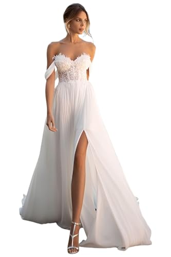 TANPAUL Schulterfrei Brautkleider Spitze Chiffon Hochzeitskleider Boho Beach Standesamt Brautkleid mit Schlitz Weiß-D 34 von TANPAUL