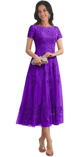 TANPAUL Spitze Applikationen Tüll Brautmutterkleider Abendkleider V-Ausschnitt Ballkleid Violett 58 von TANPAUL