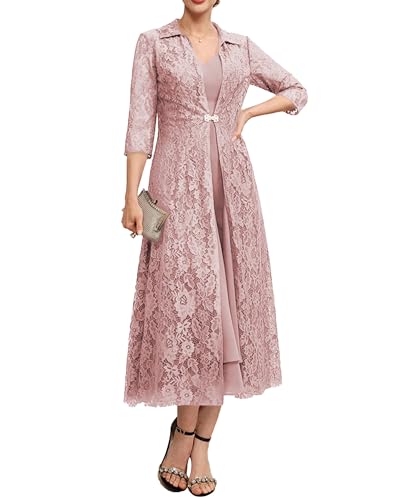 TANPAUL Spitze Brautmutterkleider mit Jacke - Damen 2 Stück Perlen Abendkleider 3/4 Ärmel Hochzeit Gast Kleid Staubige Rose 44 von TANPAUL