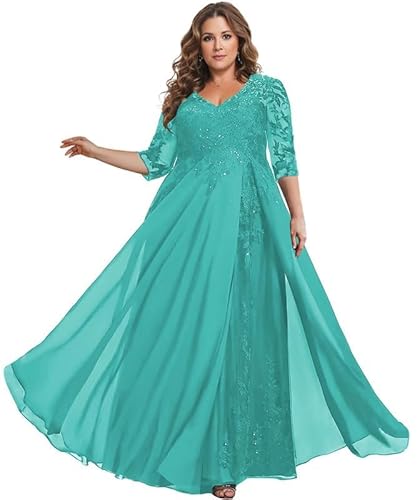 TANPAUL Spitze Chiffon Brautmutterkleider Halbarm Lang Abendkleid Ballkleid Plus Größe Aqua 52 von TANPAUL