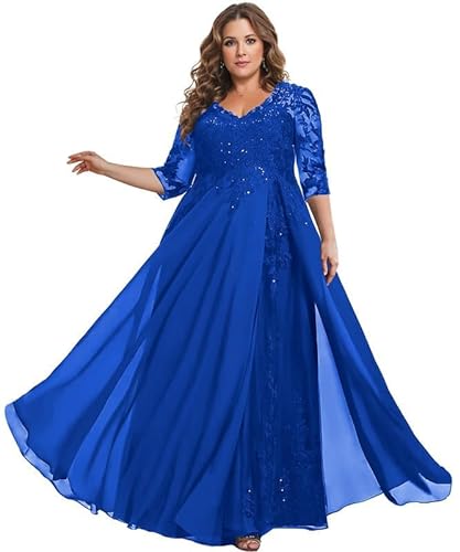 TANPAUL Spitze Chiffon Brautmutterkleider Halbarm Lang Abendkleid Ballkleid Plus Größe Blau 48 von TANPAUL