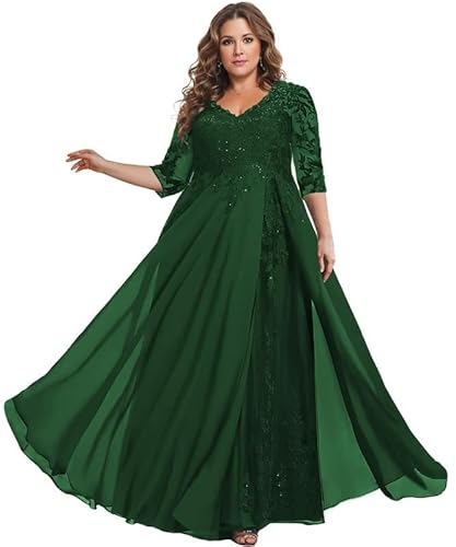 TANPAUL Spitze Chiffon Brautmutterkleider Halbarm Lang Abendkleid Ballkleid Plus Größe Dunkelgrün 46 von TANPAUL