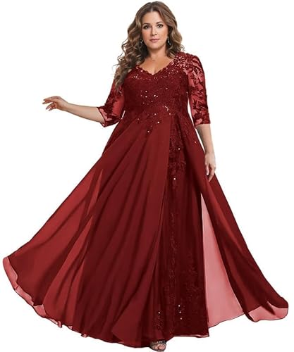 TANPAUL Spitze Chiffon Brautmutterkleider Halbarm Lang Abendkleid Ballkleid Plus Größe Dunkelrot 50 von TANPAUL