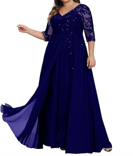 TANPAUL Spitze Chiffon Brautmutterkleider Halbarm Lang Abendkleid Ballkleid Plus Größe Königsblau 44 von TANPAUL