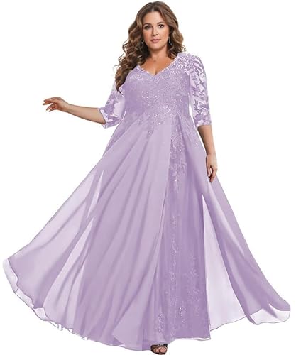 TANPAUL Spitze Chiffon Brautmutterkleider Halbarm Lang Abendkleid Ballkleid Plus Größe Lavendel 40 von TANPAUL