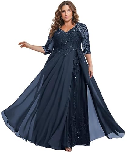 TANPAUL Spitze Chiffon Brautmutterkleider Halbarm Lang Abendkleid Ballkleid Plus Größe Marineblau 44 von TANPAUL