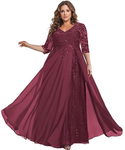 TANPAUL Spitze Chiffon Brautmutterkleider Halbarm Lang Abendkleid Ballkleid Plus Größe Maulbeere 52 von TANPAUL