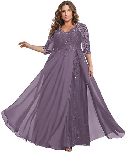 TANPAUL Spitze Chiffon Brautmutterkleider Halbarm Lang Abendkleid Ballkleid Plus Größe Mauve 50 von TANPAUL