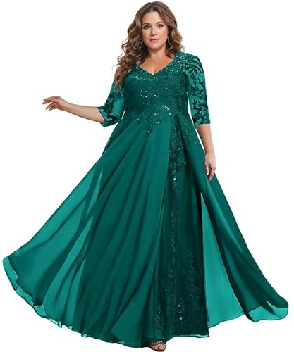 TANPAUL Spitze Chiffon Brautmutterkleider Halbarm Lang Abendkleid Ballkleid Plus Größe Pfau 54 von TANPAUL