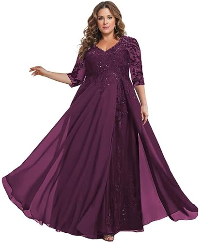 TANPAUL Spitze Chiffon Brautmutterkleider Halbarm Lang Abendkleid Ballkleid Plus Größe Pflaume 42 von TANPAUL