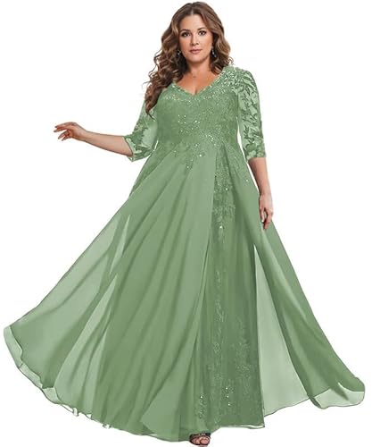 TANPAUL Spitze Chiffon Brautmutterkleider Halbarm Lang Abendkleid Ballkleid Plus Größe Sage 54 von TANPAUL