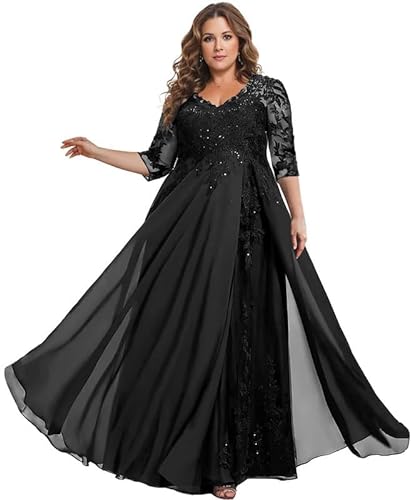 TANPAUL Spitze Chiffon Brautmutterkleider Halbarm Lang Abendkleid Ballkleid Plus Größe Schwarz 46 von TANPAUL