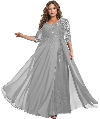 TANPAUL Spitze Chiffon Brautmutterkleider Halbarm Lang Abendkleid Ballkleid Plus Größe Silber 50 von TANPAUL