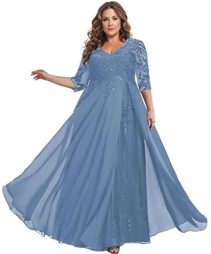 TANPAUL Spitze Chiffon Brautmutterkleider Halbarm Lang Abendkleid Ballkleid Plus Größe Staubiges Blau 44 von TANPAUL