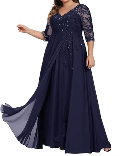 TANPAUL Spitze Chiffon Brautmutterkleider Halbarm Lang Abendkleid Ballkleid Plus Größe Stürmisches Blau 52 von TANPAUL