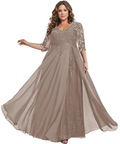 TANPAUL Spitze Chiffon Brautmutterkleider Halbarm Lang Abendkleid Ballkleid Plus Größe Taupe 42 von TANPAUL