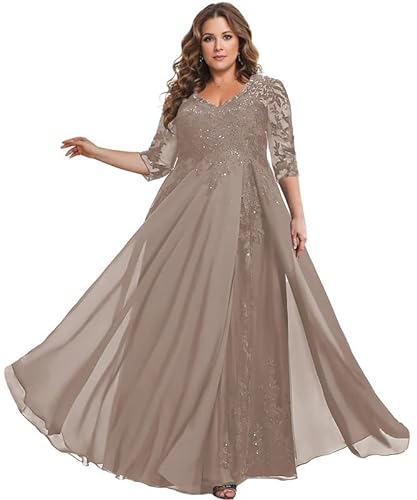 TANPAUL Spitze Chiffon Brautmutterkleider Halbarm Lang Abendkleid Ballkleid Plus Größe Taupe 44 von TANPAUL