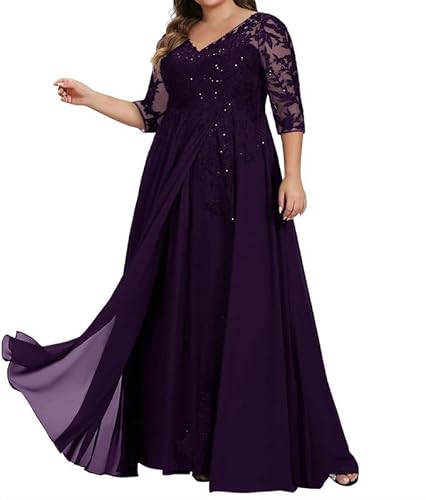 TANPAUL Spitze Chiffon Brautmutterkleider Halbarm Lang Abendkleid Ballkleid Plus Größe Traube 54 von TANPAUL