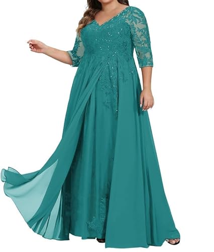 TANPAUL Spitze Chiffon Brautmutterkleider Halbarm Lang Abendkleid Ballkleid Plus Größe Türkis 54 von TANPAUL