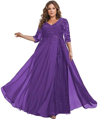 TANPAUL Spitze Chiffon Brautmutterkleider Halbarm Lang Abendkleid Ballkleid Plus Größe Violett 50 von TANPAUL