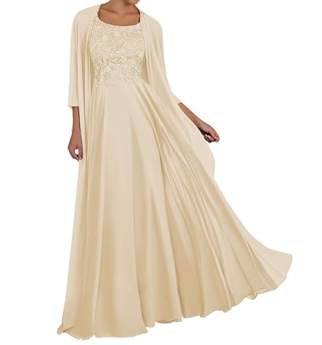 TANPAUL Spitze Chiffon Brautmutterkleider mit Jacke Langarm Rundhalsausschnitt Abendkleid Champagner 38 von TANPAUL