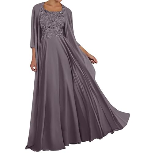 TANPAUL Spitze Chiffon Brautmutterkleider mit Jacke Langarm Rundhalsausschnitt Abendkleid Grau 50 von TANPAUL