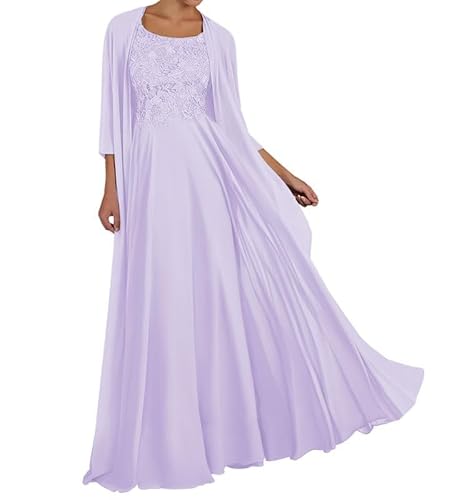 TANPAUL Spitze Chiffon Brautmutterkleider mit Jacke Langarm Rundhalsausschnitt Abendkleid Lavendel 50 von TANPAUL