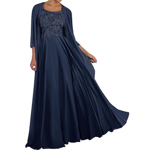 TANPAUL Spitze Chiffon Brautmutterkleider mit Jacke Langarm Rundhalsausschnitt Abendkleid Marineblau 46 von TANPAUL