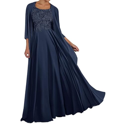 TANPAUL Spitze Chiffon Brautmutterkleider mit Jacke Langarm Rundhalsausschnitt Abendkleid Marineblau 52 von TANPAUL